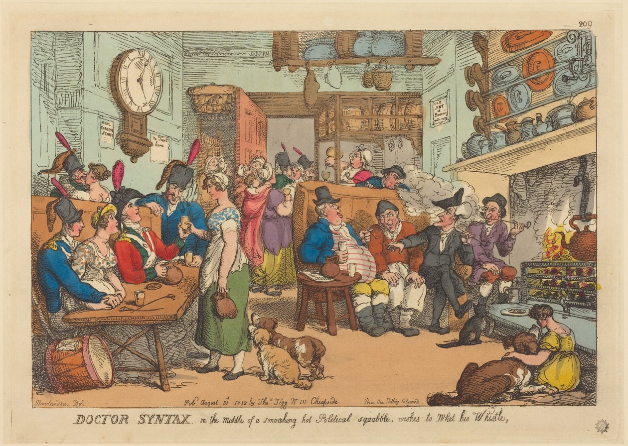 Doktor Syntax, znajdujący się w samym środku gorącej politycznej sprzeczki, pragnie się odświeżyć. autorstwa Thomas Rowlandson