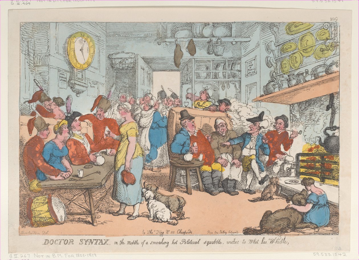 Doktor Syntax, w środku palącej gorącej politycznej sprzeczki, pragnie komu..., 31 sierpnia 1813. autorstwa Thomas Rowlandson