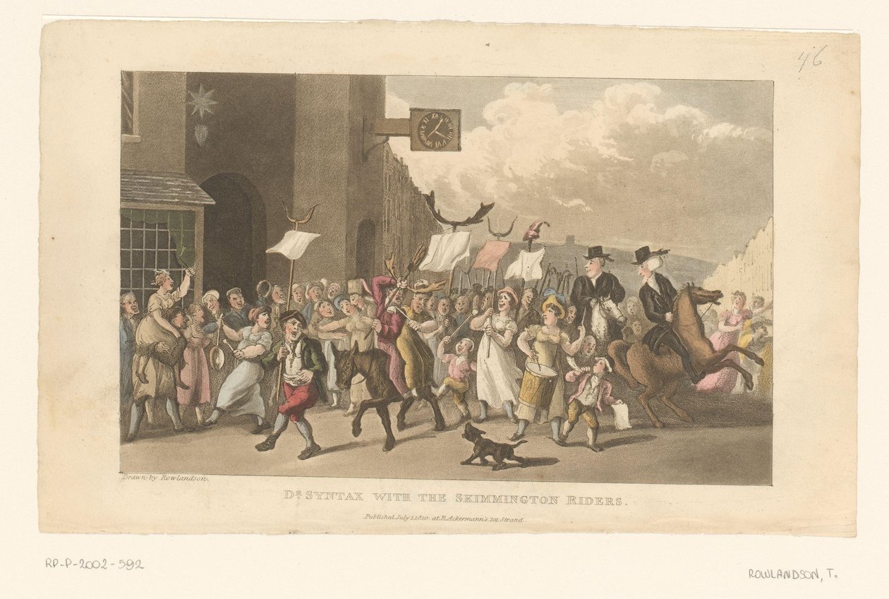 Doktor Syntax jedzie na koniu, biorąc udział w charivari autorstwa Thomas Rowlandson
