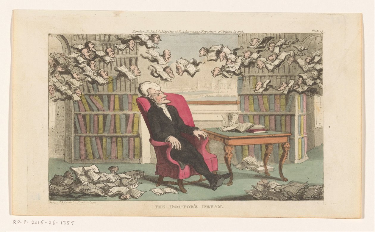 Doktor Syntax śpi w bibliotece Sen Doktora (tytuł na obiekcie) autorstwa Thomas Rowlandson