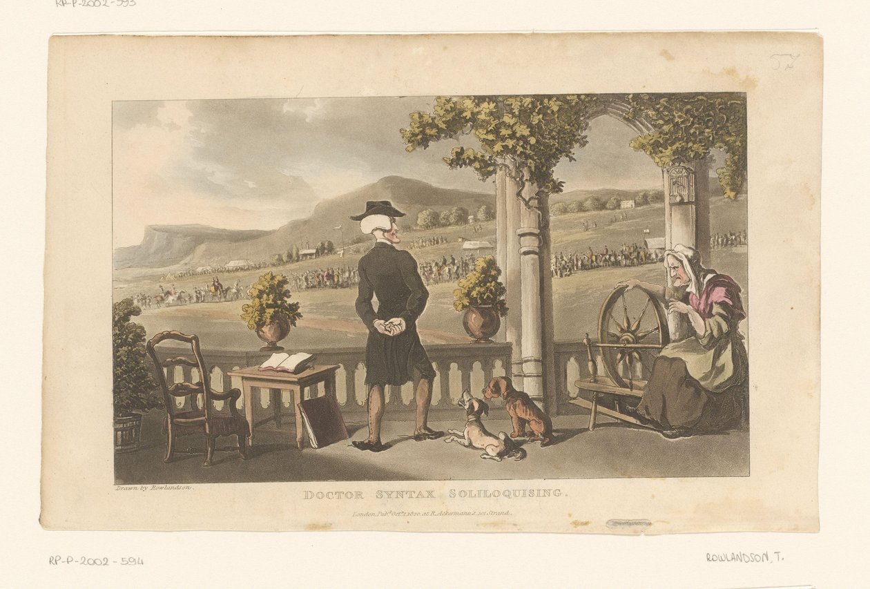 Doktor Syntax wpatruje się w pochód na tle krajobrazu autorstwa Thomas Rowlandson
