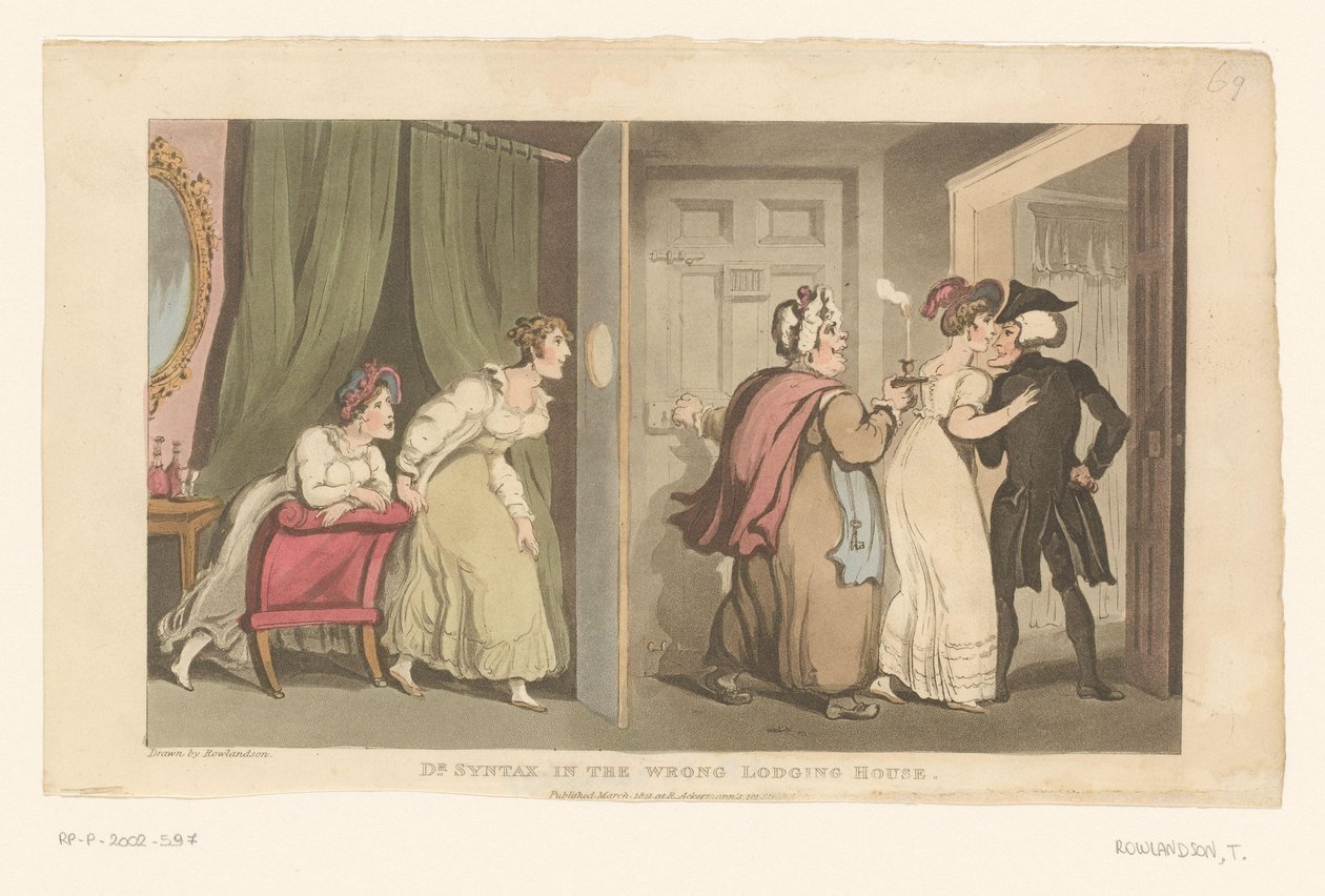 Doktor Syntax zostaje zaprowadzony przez drzwi przez dwie kobiety autorstwa Thomas Rowlandson