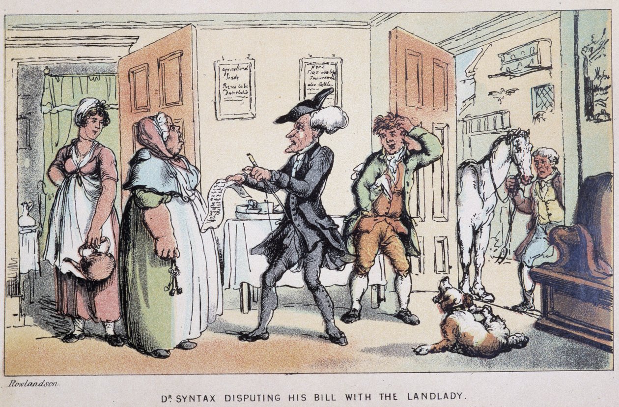 Doktor kwestionujący rachunek (w hotelu?) - w „Trzech wycieczkach doktora Syntaxa: w poszukiwaniu malowniczej pociechy i żony”” Williama Combe, il. Rowlandson autorstwa Thomas Rowlandson
