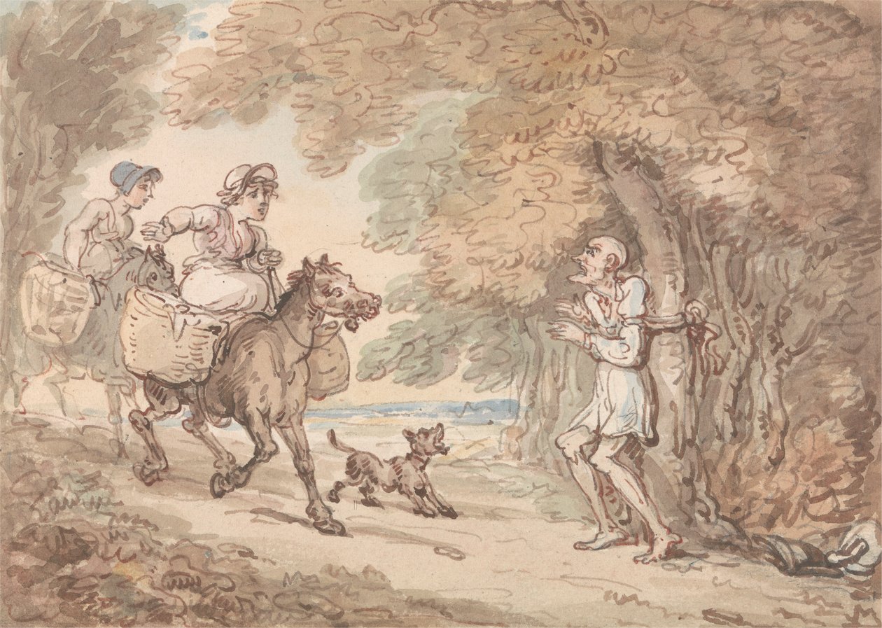 Dr Syntax przywiązany do drzewa przez rozbójników autorstwa Thomas Rowlandson