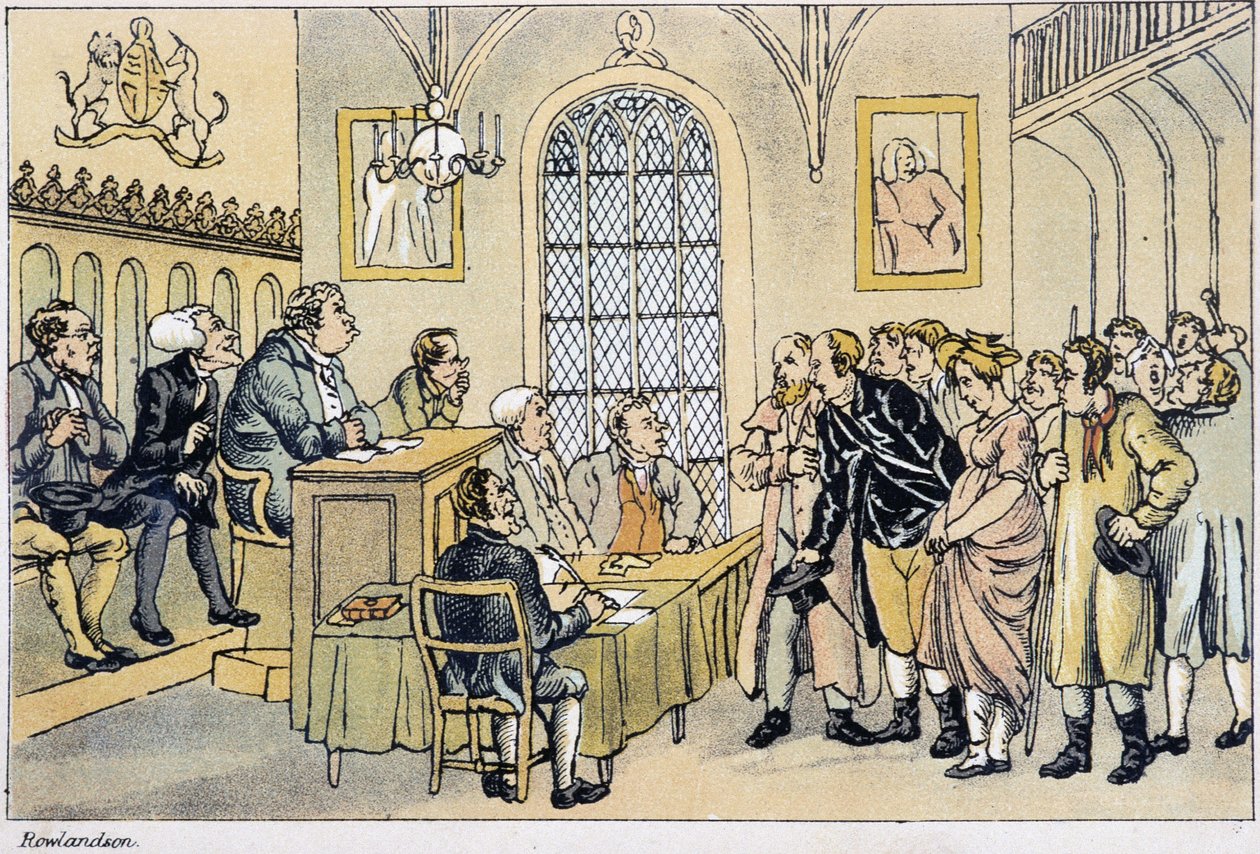 Dr Syntax przed Trybunałem Sprawiedliwości - w „Trzech podróżach doktora Syntaxa w poszukiwaniu malowniczej pociechy i żony” W. Combe, il. autorstwa Rowlandsona, Londyn, Hotten autorstwa Thomas Rowlandson