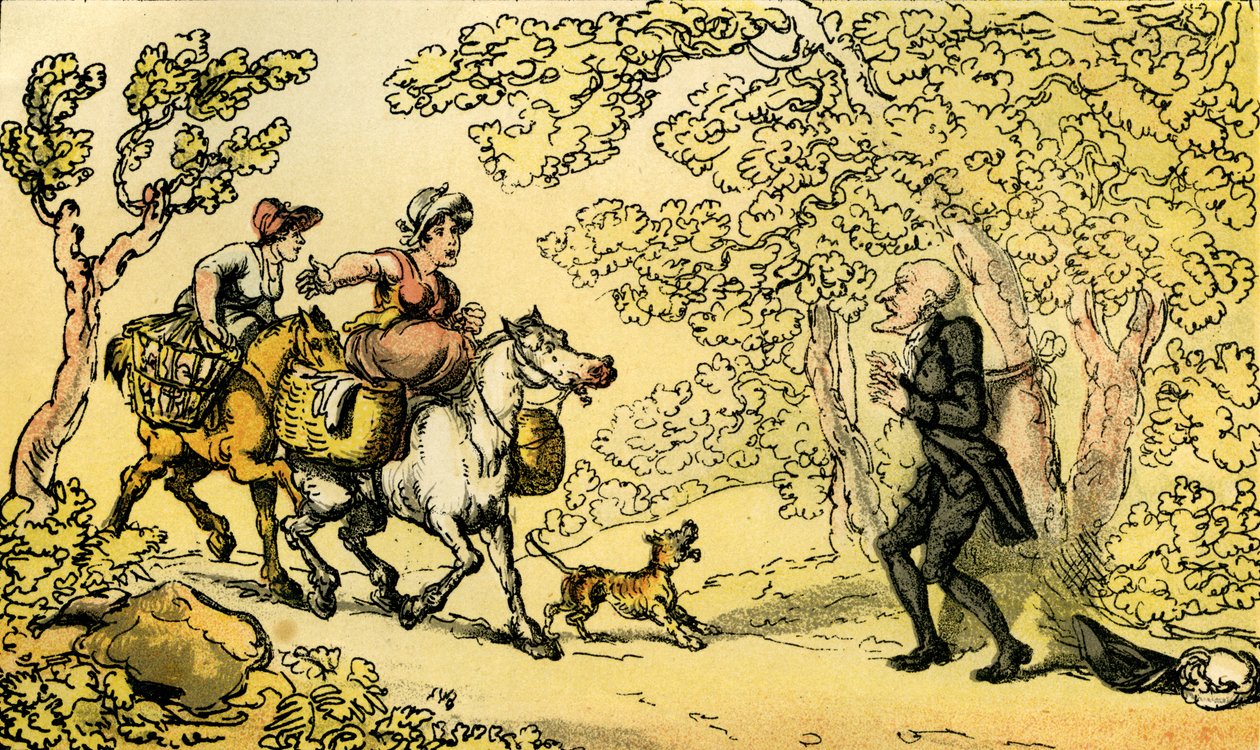 „Dr Syntax przywiązany do drzewa przez rozbójników” autorstwa Thomas Rowlandson