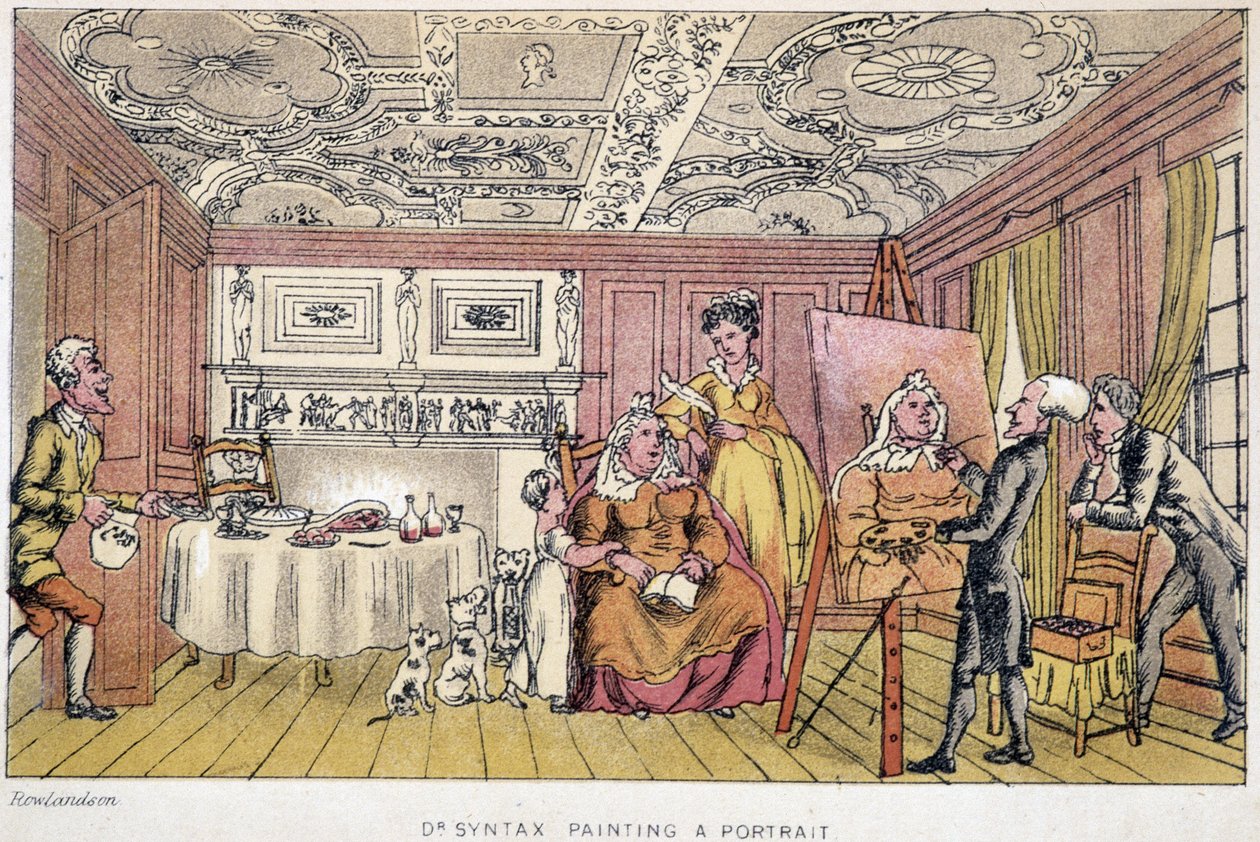 Dr Syntax maluje portret - w „Trzech podróżach doktora Syntaxa w poszukiwaniu malowniczej pociechy i żony” W. Combe, il. autorstwa Rowlandsona, Londyn, Hotten autorstwa Thomas Rowlandson