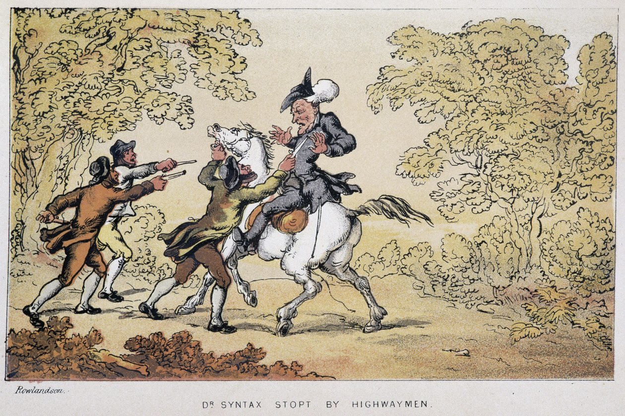 Dr Syntax zatrzymany przez bandytów – w „Trzech wyprawach doktora Syntaxa: w poszukiwaniu malowniczej pociechy i żony”” Williama Combe, chor. Rowlandson autorstwa Thomas Rowlandson