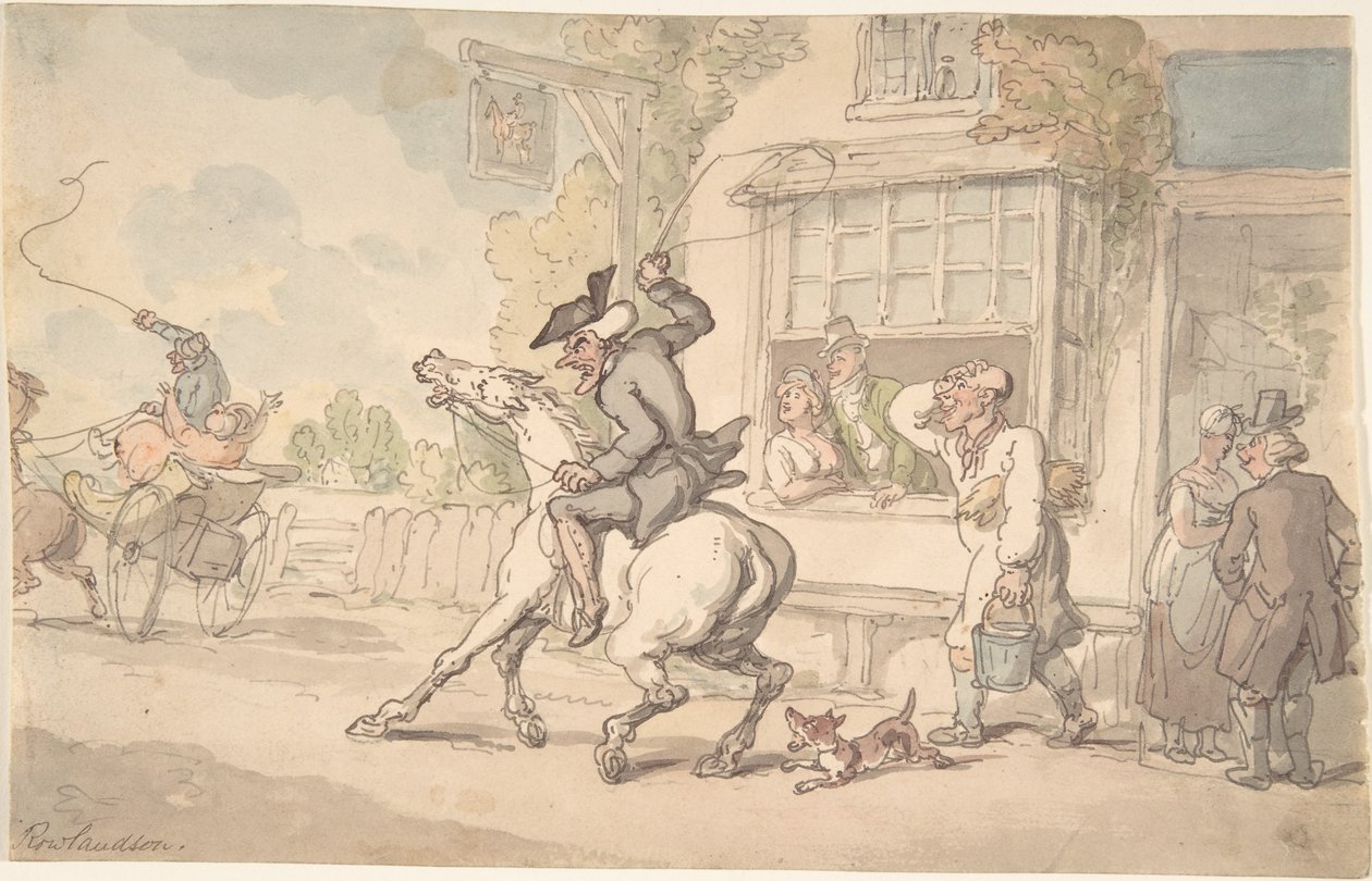Dr Syntax z niesfornym koniem przed gospodą autorstwa Thomas Rowlandson