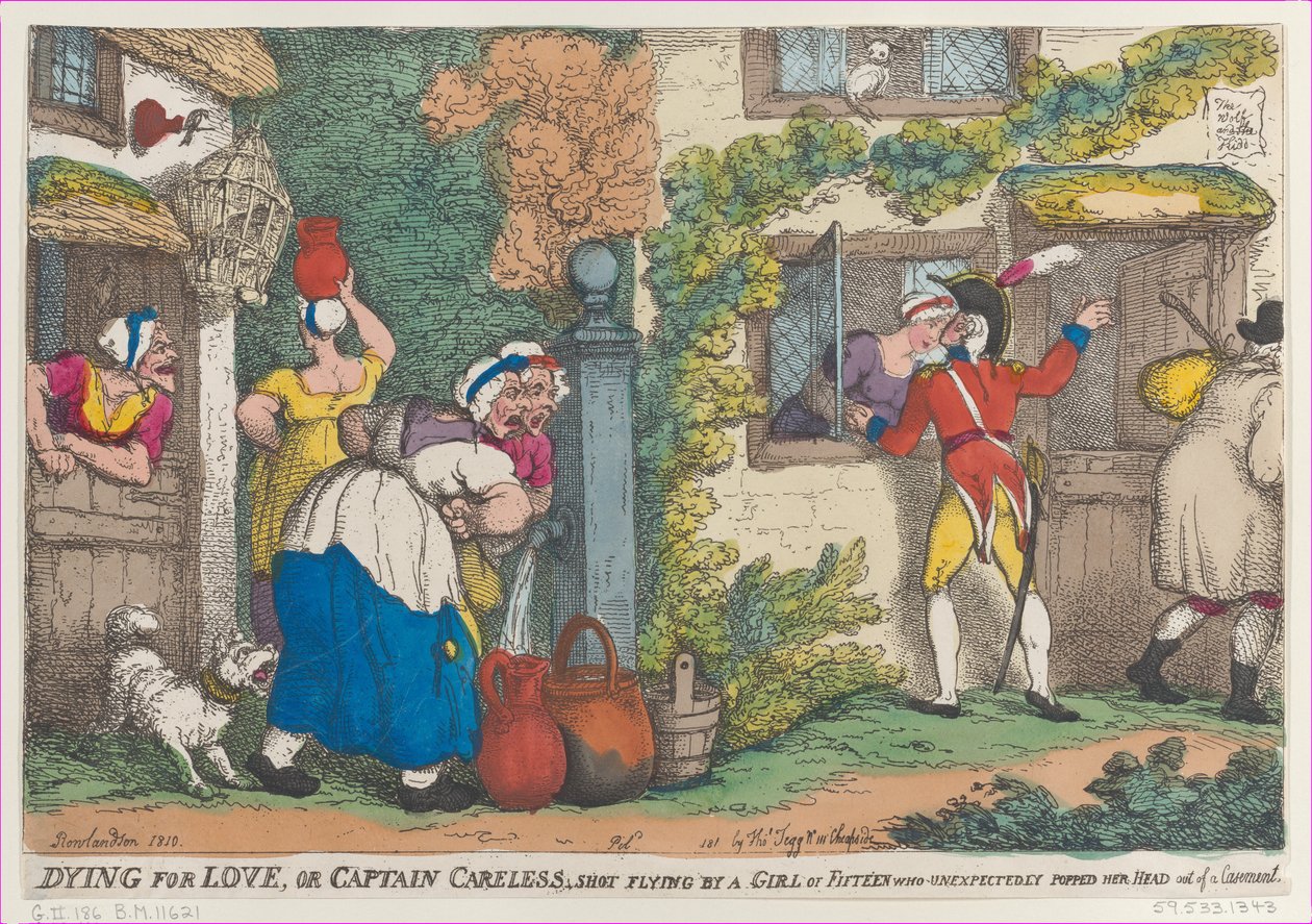 Dying for Love lub Captain Careless, zastrzelony przez piętnastolatkę, która niespodziewanie pop..., 1810. autorstwa Thomas Rowlandson