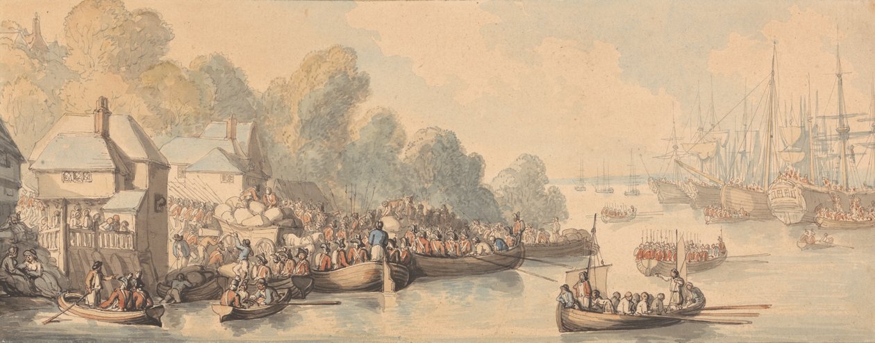 Zaokrętowanie w Southampton, 20 czerwca 1794 (akwarela i długopis oraz brązowy, szary i czerwono-brązowy tusz na graficie na średnim, lekko teksturowanym, kremowym papierze) autorstwa Thomas Rowlandson