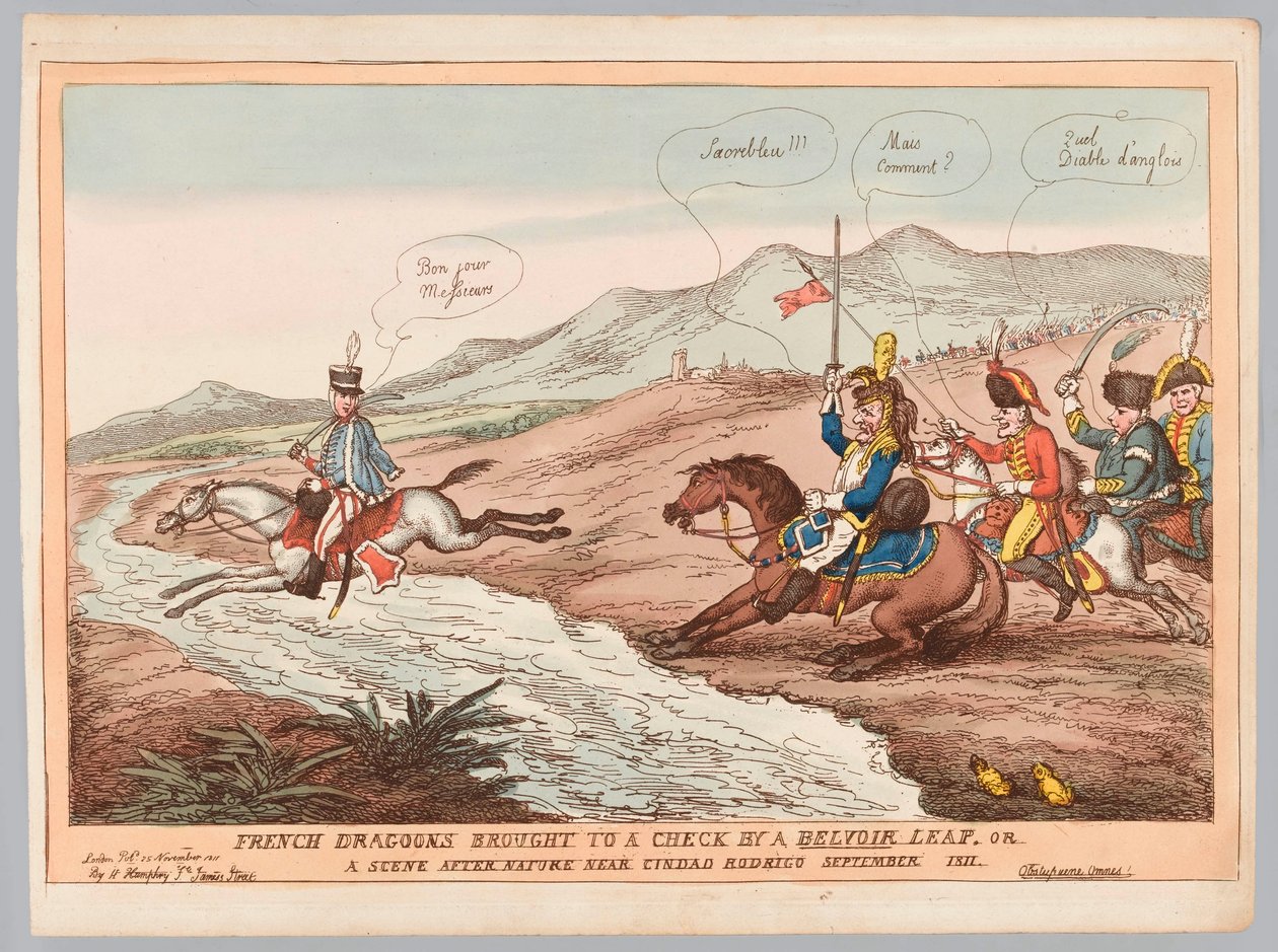 „Angielskie maniery i francuska roztropność lub francuscy dragoni doprowadzeni do szachu przez skok Belvoir wrzesień 1811” (rycina, kolorowana) autorstwa Thomas Rowlandson