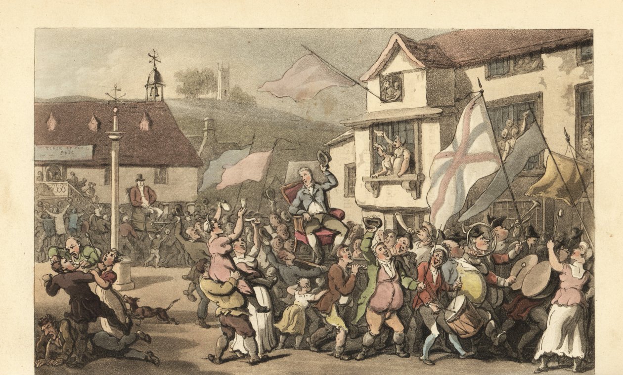 Angielski dżentelmen przewożony w lektyce na wybory autorstwa Thomas Rowlandson