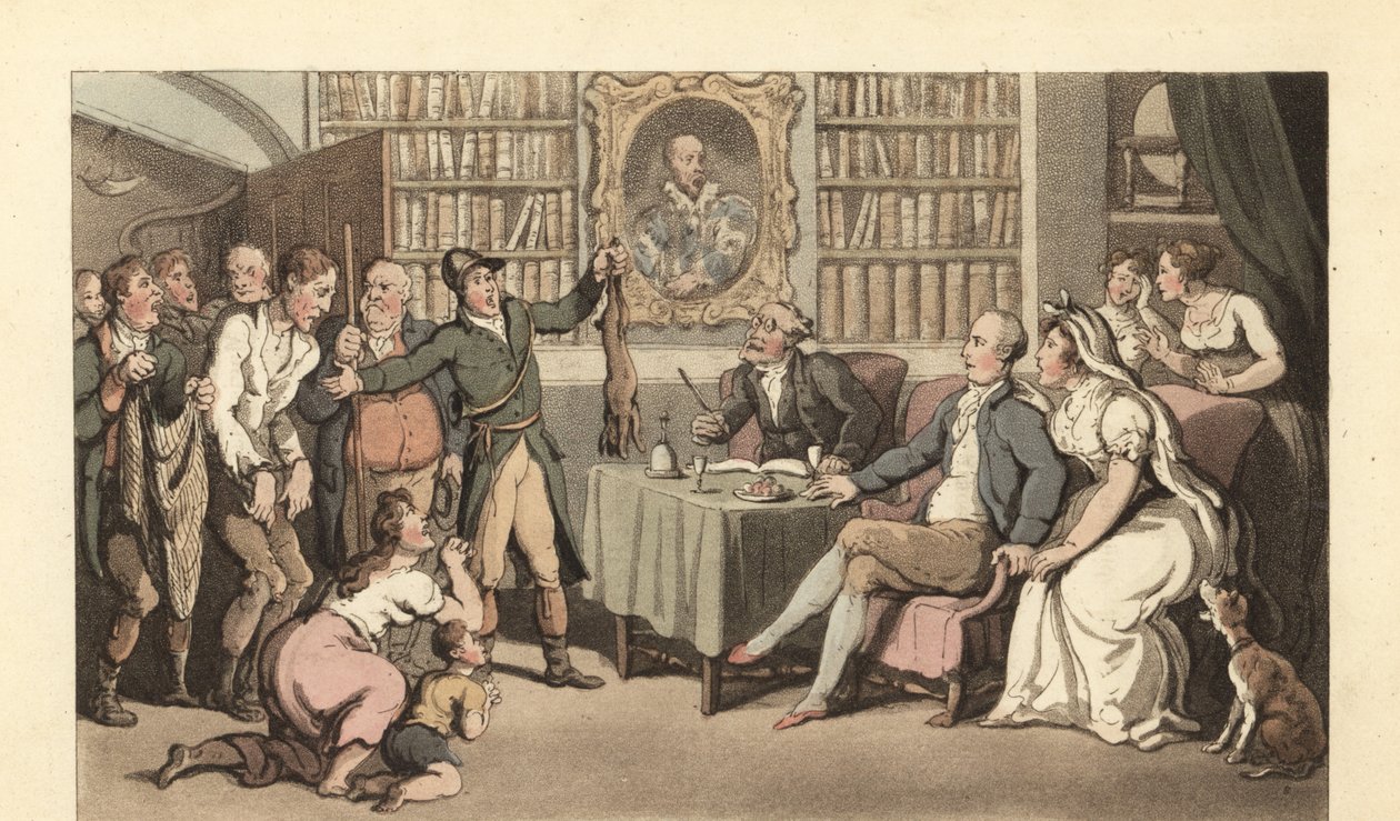 Angielski dżentelmen w swoim gabinecie usłyszał przypadek kłusownictwa autorstwa Thomas Rowlandson