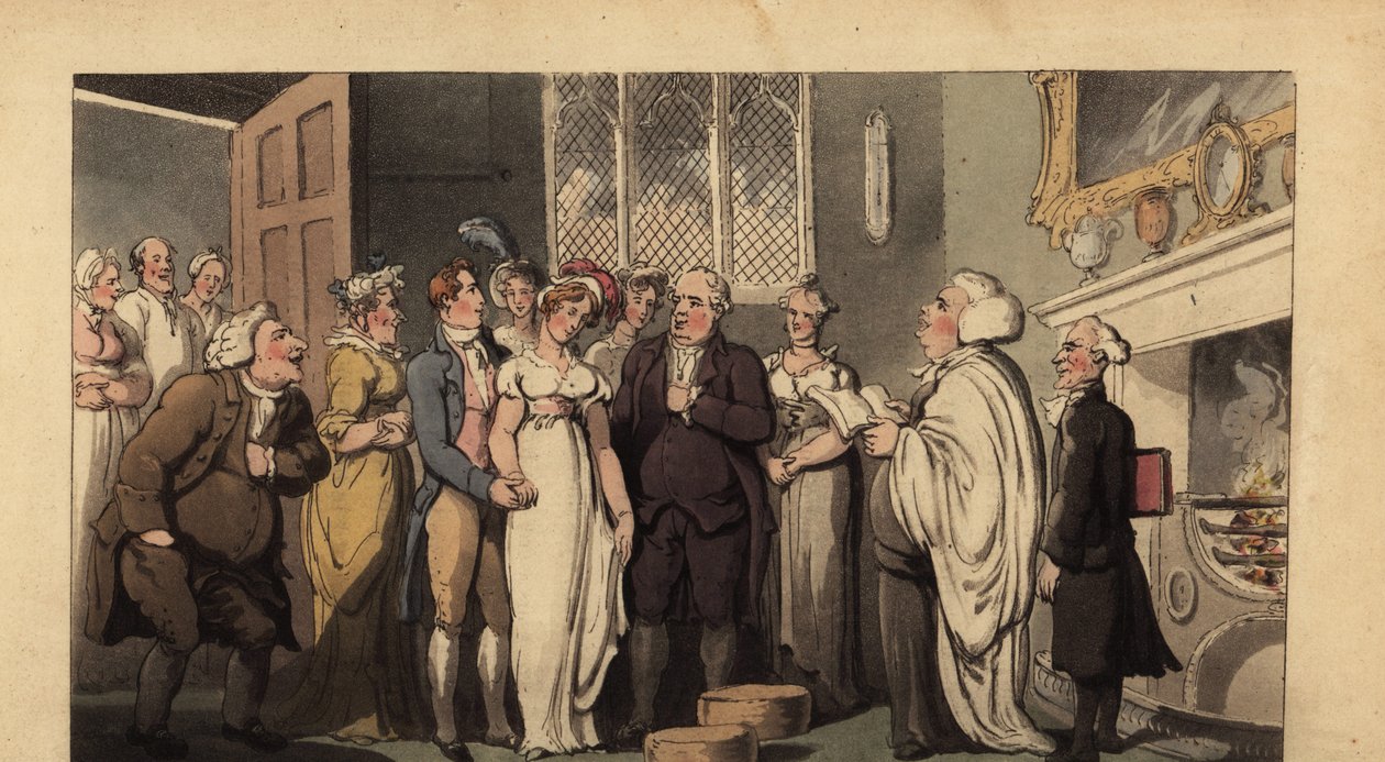 Angielski dżentelmen poślubia swoją narzeczoną w okazałym domu autorstwa Thomas Rowlandson