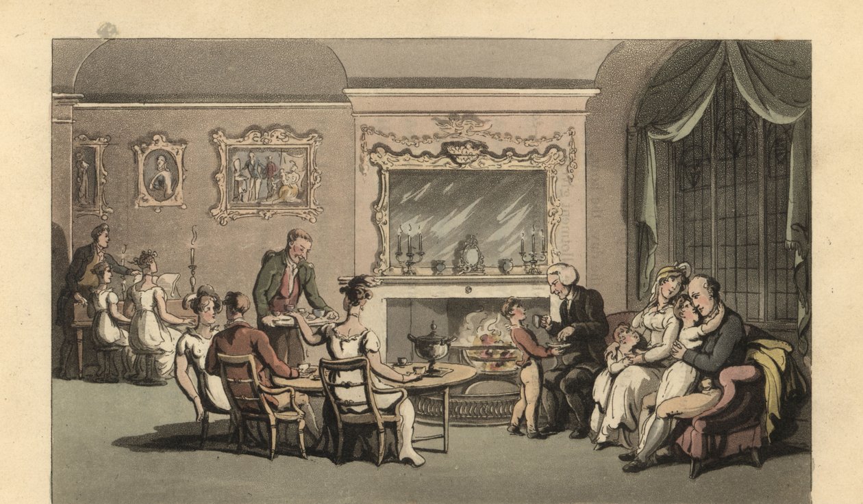 Angielski pan, żona i dzieci odpoczywają w salonie autorstwa Thomas Rowlandson