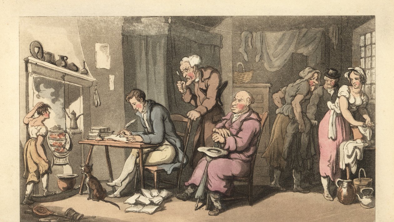 Angielski dżentelmen piszący list błagalny w zrujnowanym salonie autorstwa Thomas Rowlandson