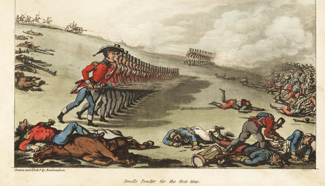 Chorąży Johnny Newcome biorący udział w swojej pierwszej akcji, szarży na armię francuską w bitwie pod Salamanką autorstwa Thomas Rowlandson