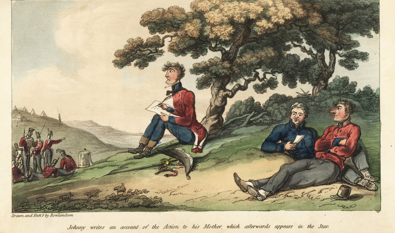 Chorąży Johnny Newcome pisze list do matki opisujący bitwę o Salamankę autorstwa Thomas Rowlandson