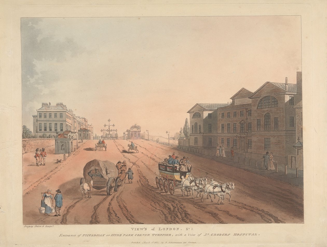 Wjazd na Piccadilly lub Hyde Park Corner Turnpike (nr 1) autorstwa Thomas Rowlandson