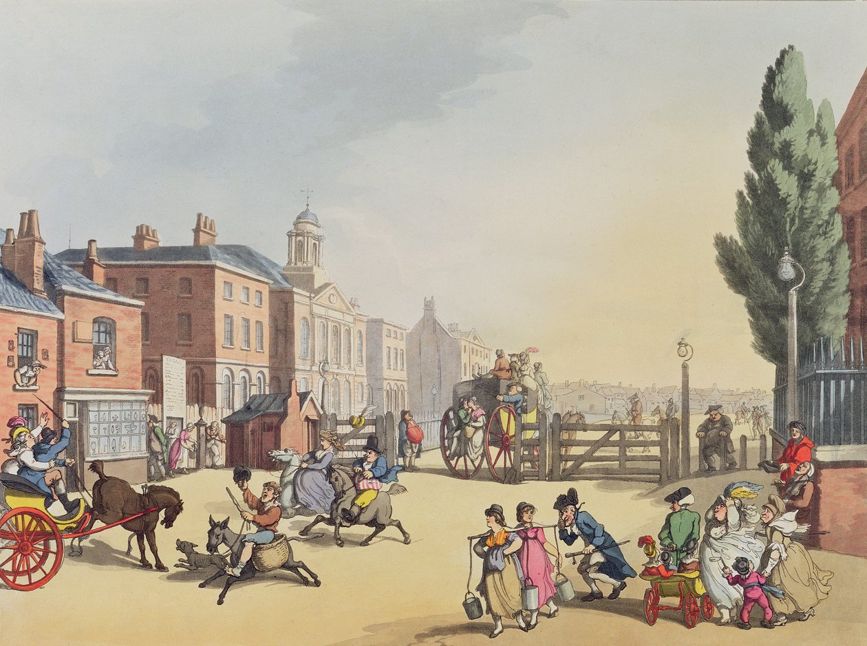 Wejście na Tottenham Court Road Turnpike z widokiem na kaplicę św. Jakuba, rytowane przez Heinricha Josepha Schutza (1760-1822), wyd. 1809 autorstwa Thomas Rowlandson