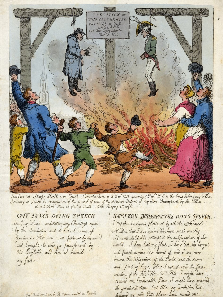 Egzekucja dwóch słynnych wrogów starej Anglii, Guya Fawkesa i Napoleona Buonaparte - Ich ostatnie przemówienie na szubienicy. 1813. rycina. autorstwa Thomas Rowlandson