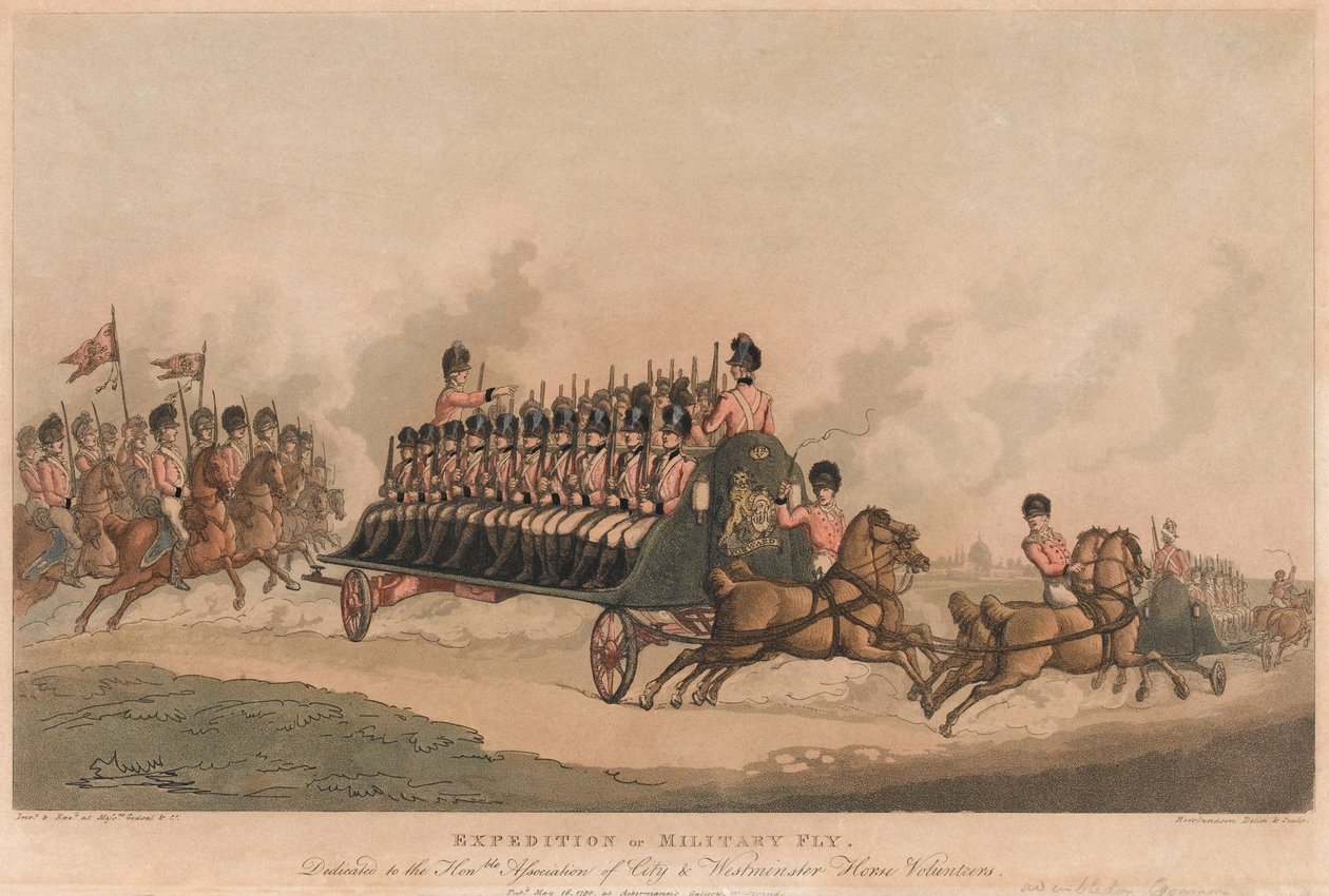 „Wyprawa Muchy Wojskowej” (akwatinta, kolor) autorstwa Thomas Rowlandson