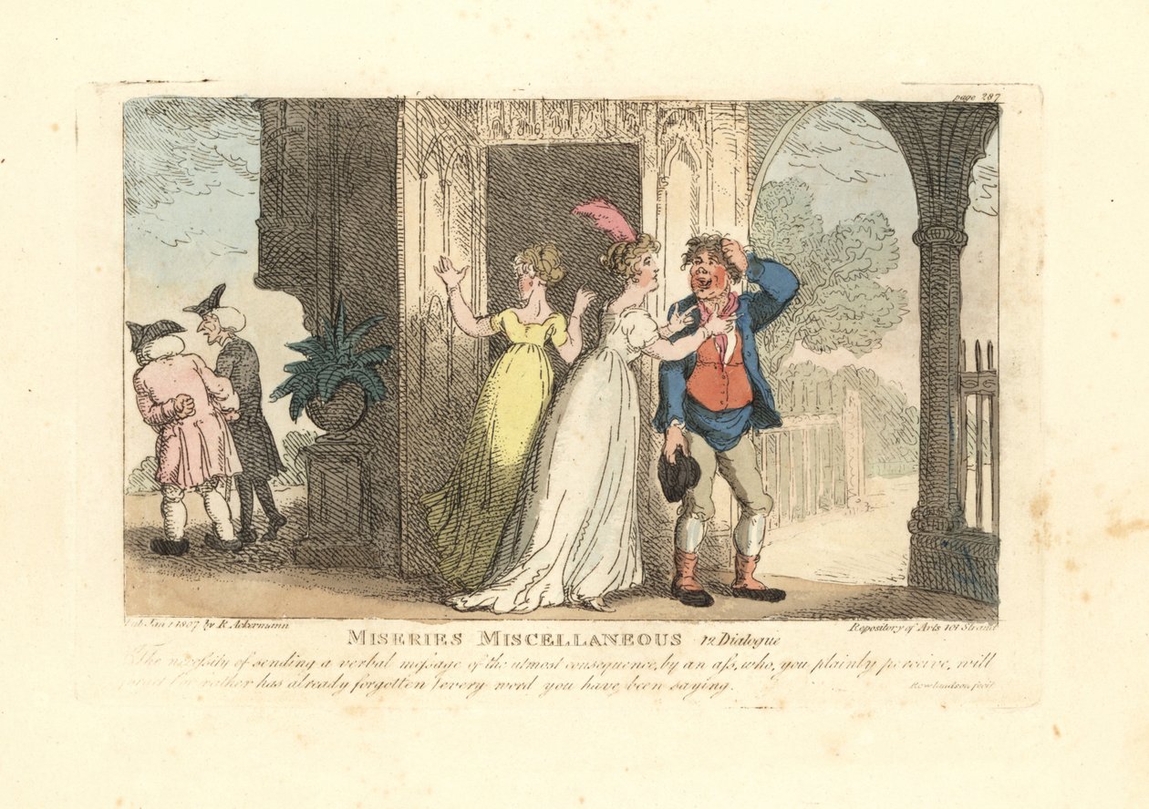 Modna kobieta wysyła wiadomość słowną przez głupca autorstwa Thomas Rowlandson