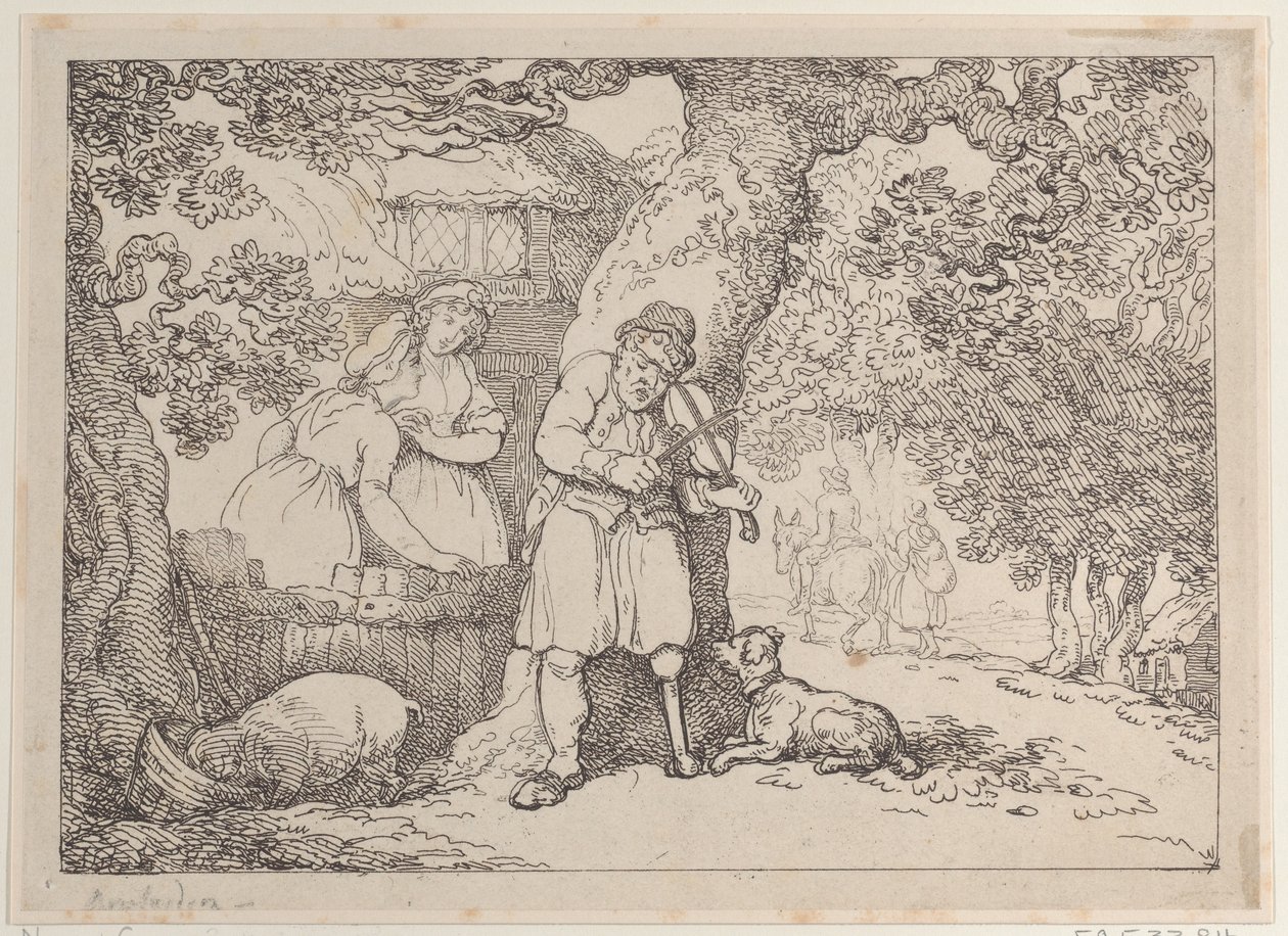 Skrzypek, Żeglarz, Dwie kobiety i świnia przy domku, 1816., 1816. autorstwa Thomas Rowlandson