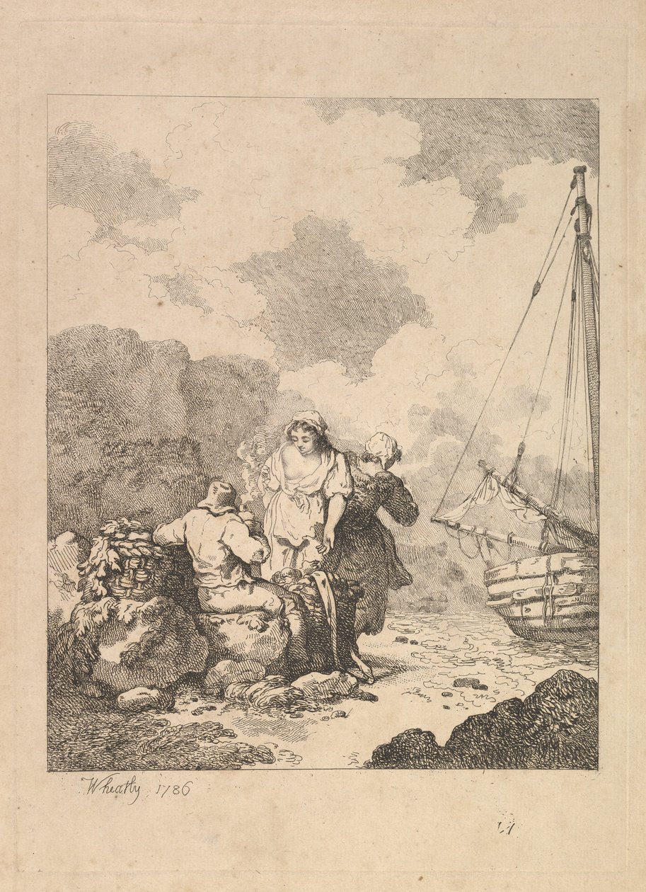 Rybacy nad brzegiem - scena na wybrzeżu z mężczyzną siedzącym na skałach i palącym fajkę, Nex..., 1786. autorstwa Thomas Rowlandson