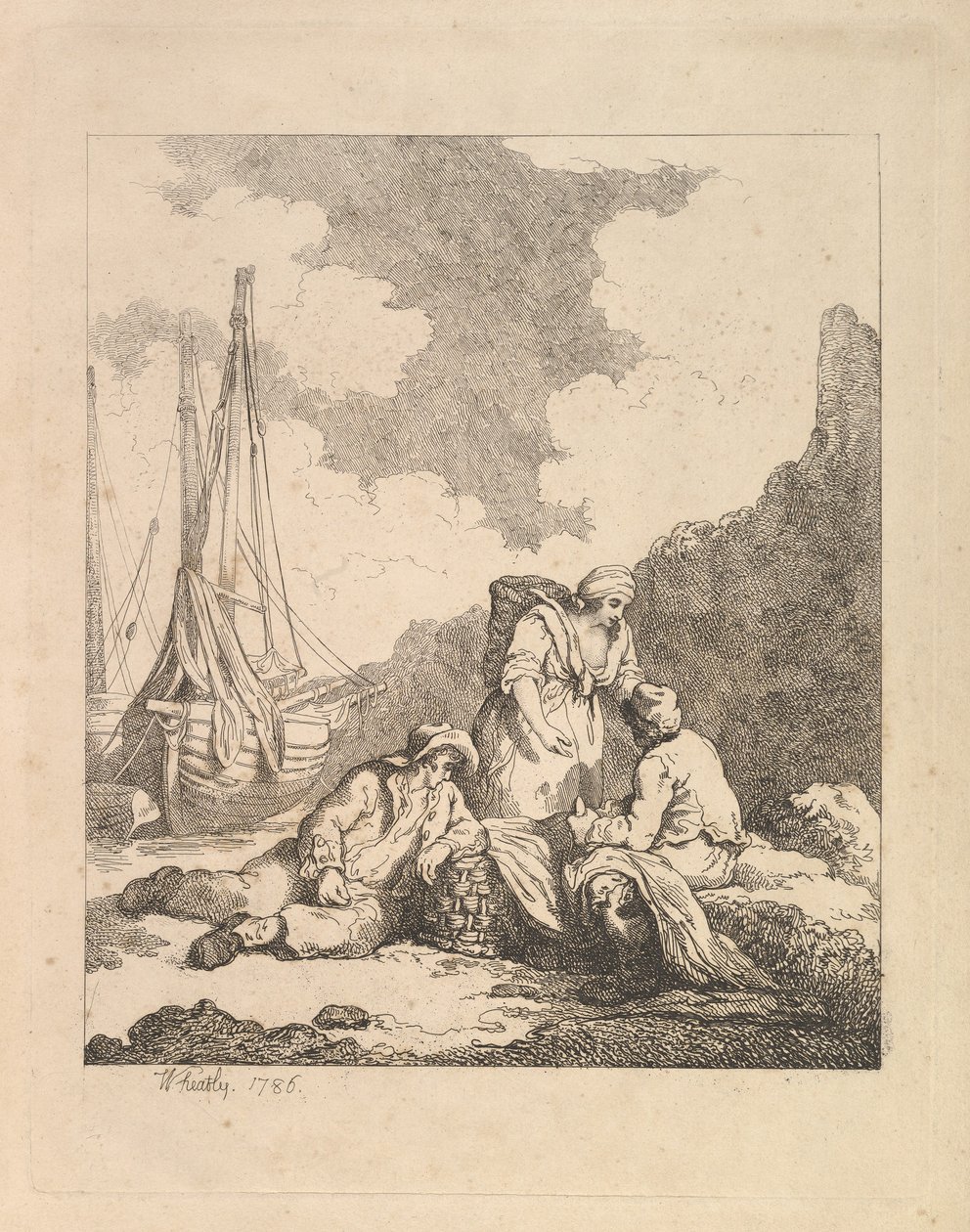 Rybacy nad brzegiem - scena na wybrzeżu z mężczyzną siedzącym na ziemi spoczywającym na łok..., 1786. autorstwa Thomas Rowlandson