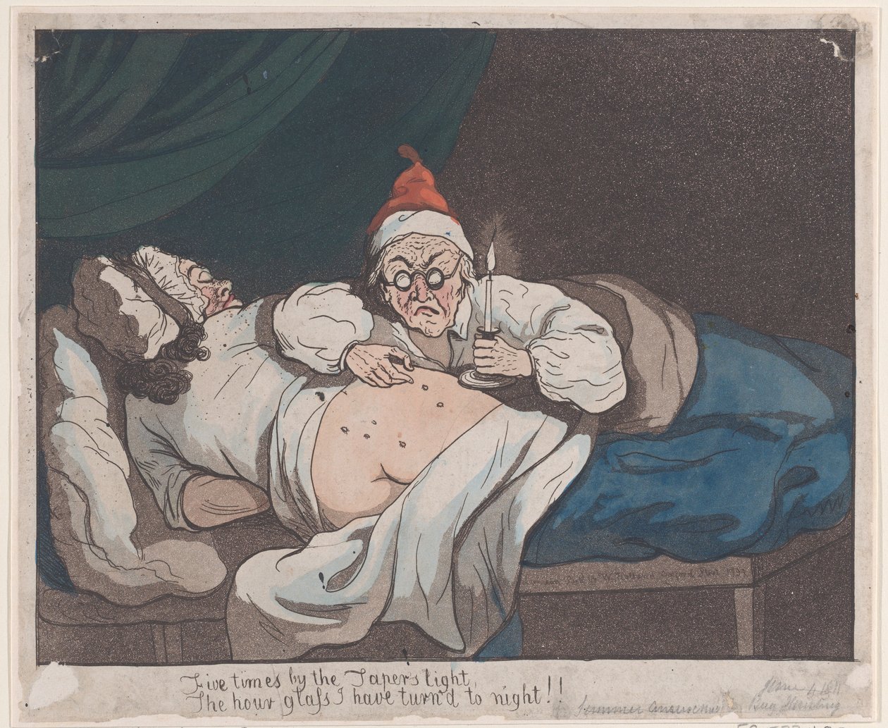 Pięć razy przy świetle Stożka, Klepsydra, którą obróciłem w noc!!, 1793., 1793. autorstwa Thomas Rowlandson