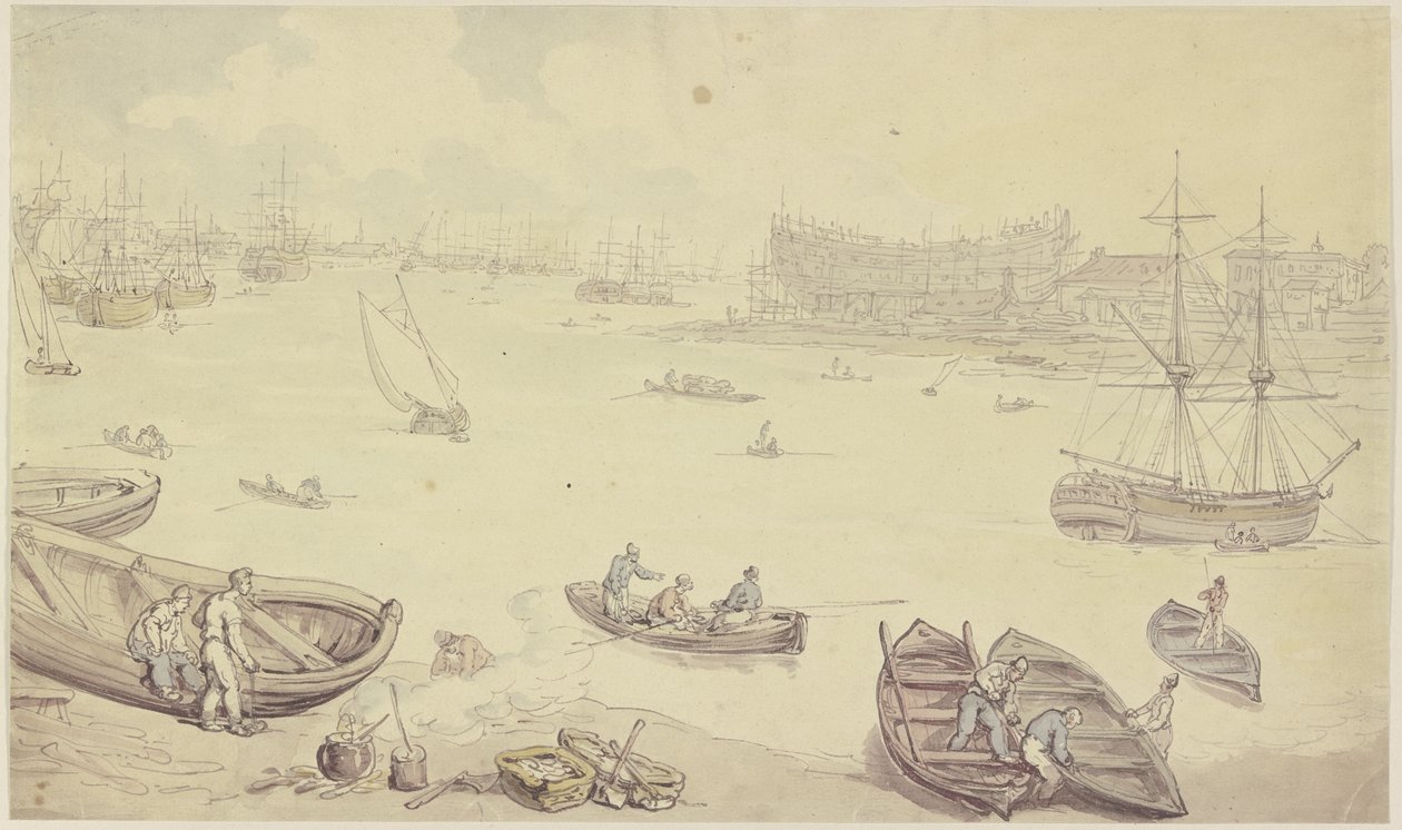 Rzeka z wieloma statkami i stocznią autorstwa Thomas Rowlandson