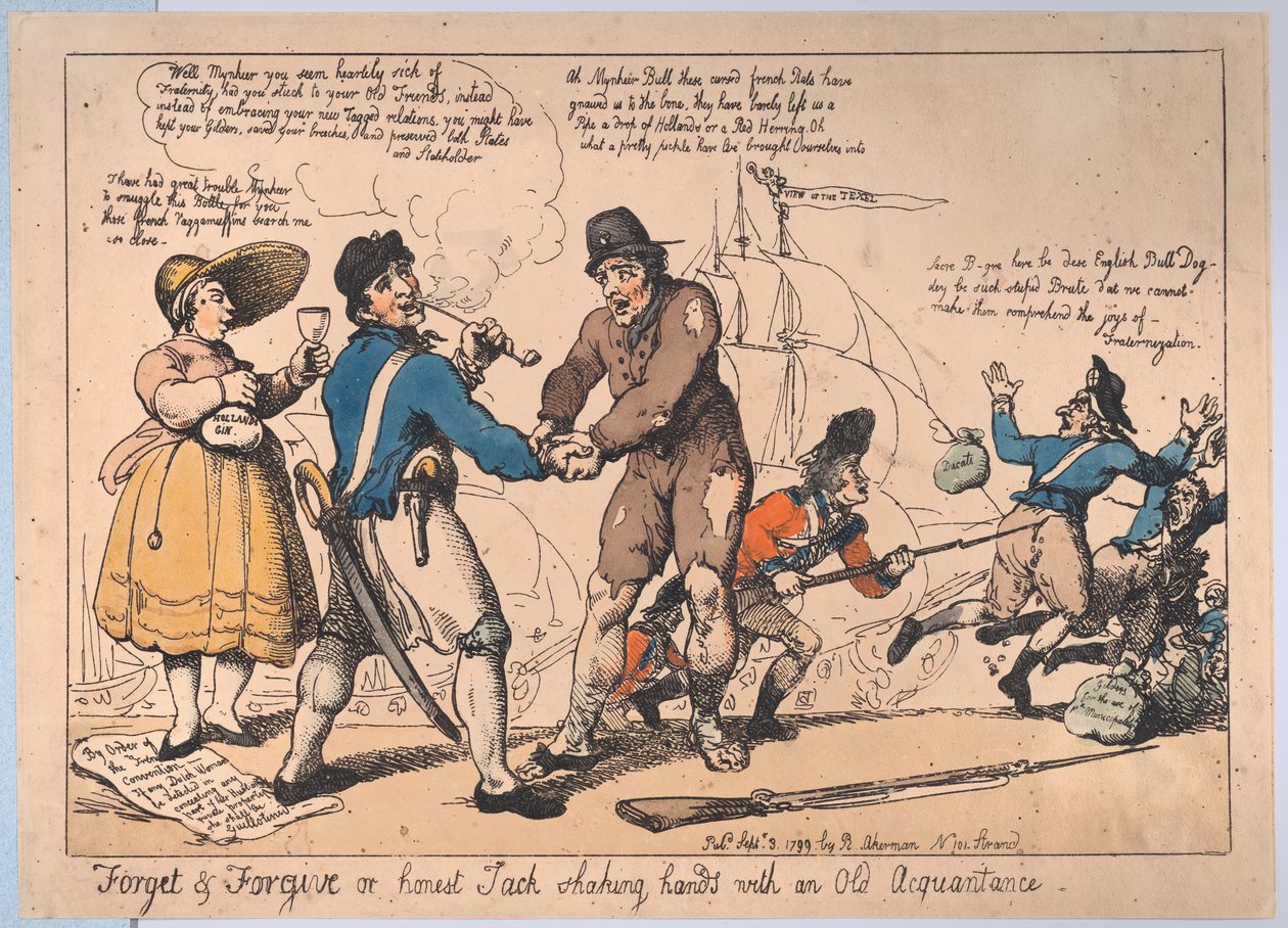 Zapomnij i przebacz, czyli szczery Jack uścisk dłoni ze starym znajomym, Se..., 3 września 1799 autorstwa Thomas Rowlandson