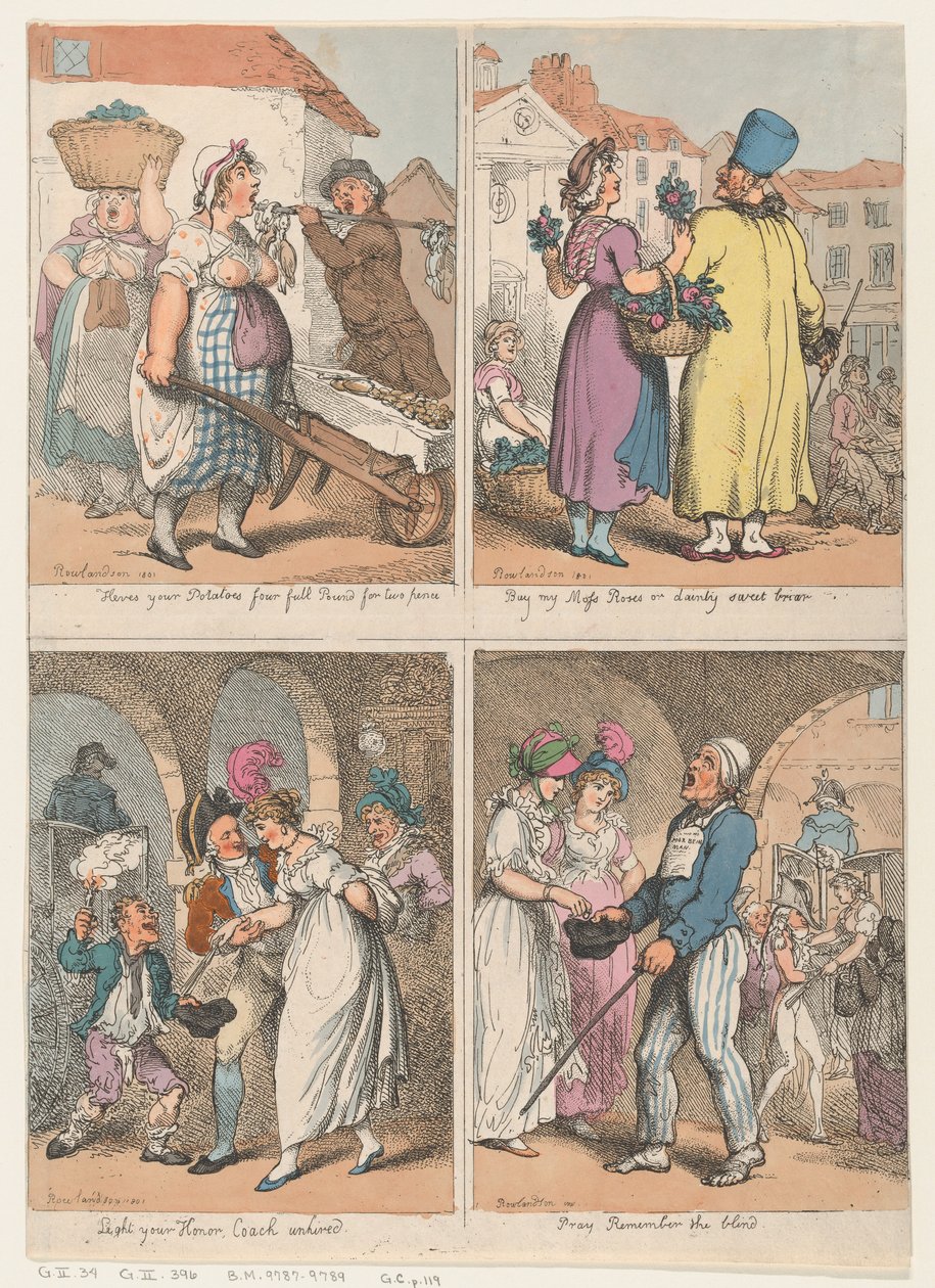 Cztery sceny z serii Cries of London: Oto twoje ziemniaki..., Kup mój mech..., 1 sierpnia 1801 r. autorstwa Thomas Rowlandson