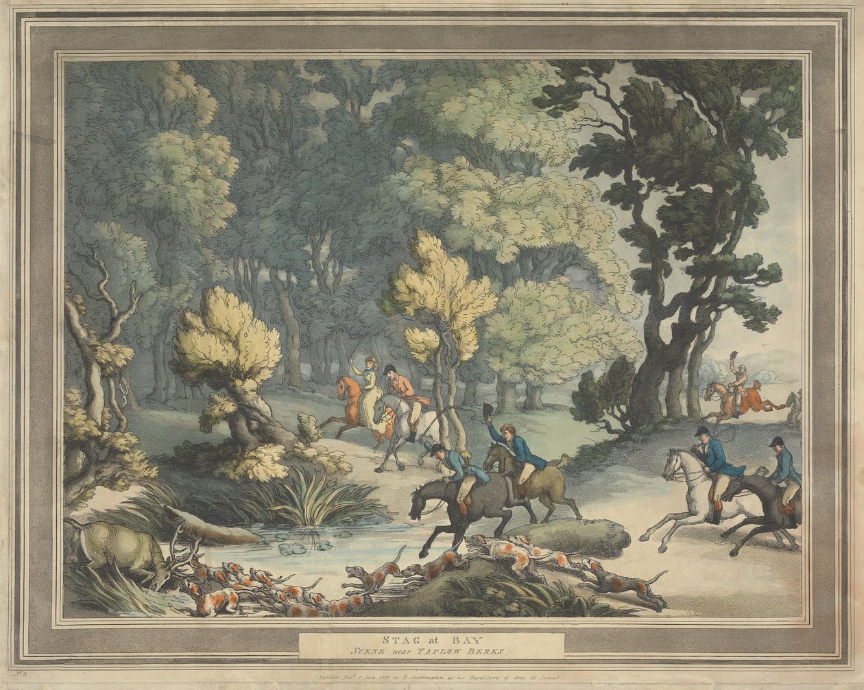 Polowanie na lisy [zestaw czterech obrazów]:  2.  Jeleń osaczony. / Scena w okolicach Taplow w hrabstwie Berks autorstwa Thomas Rowlandson