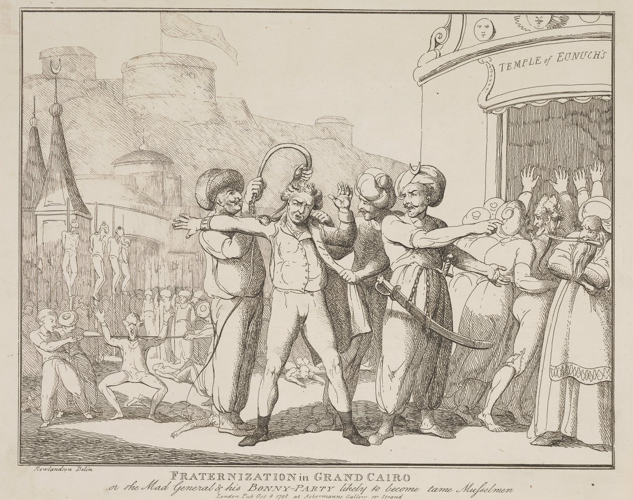 „Bractwo w Wielkim Kairze, czyli Szalony Generał i jego wesoła kompania”, którzy prawdopodobnie staną się posłusznymi muzułmanami autorstwa Thomas Rowlandson
