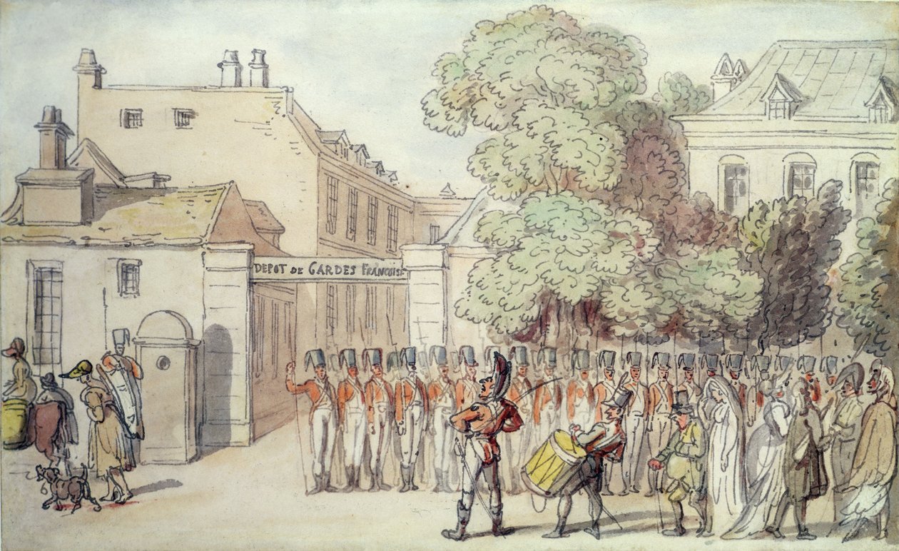 Francuscy żołnierze na paradzie (pióro i akwarela na papierze) autorstwa Thomas Rowlandson