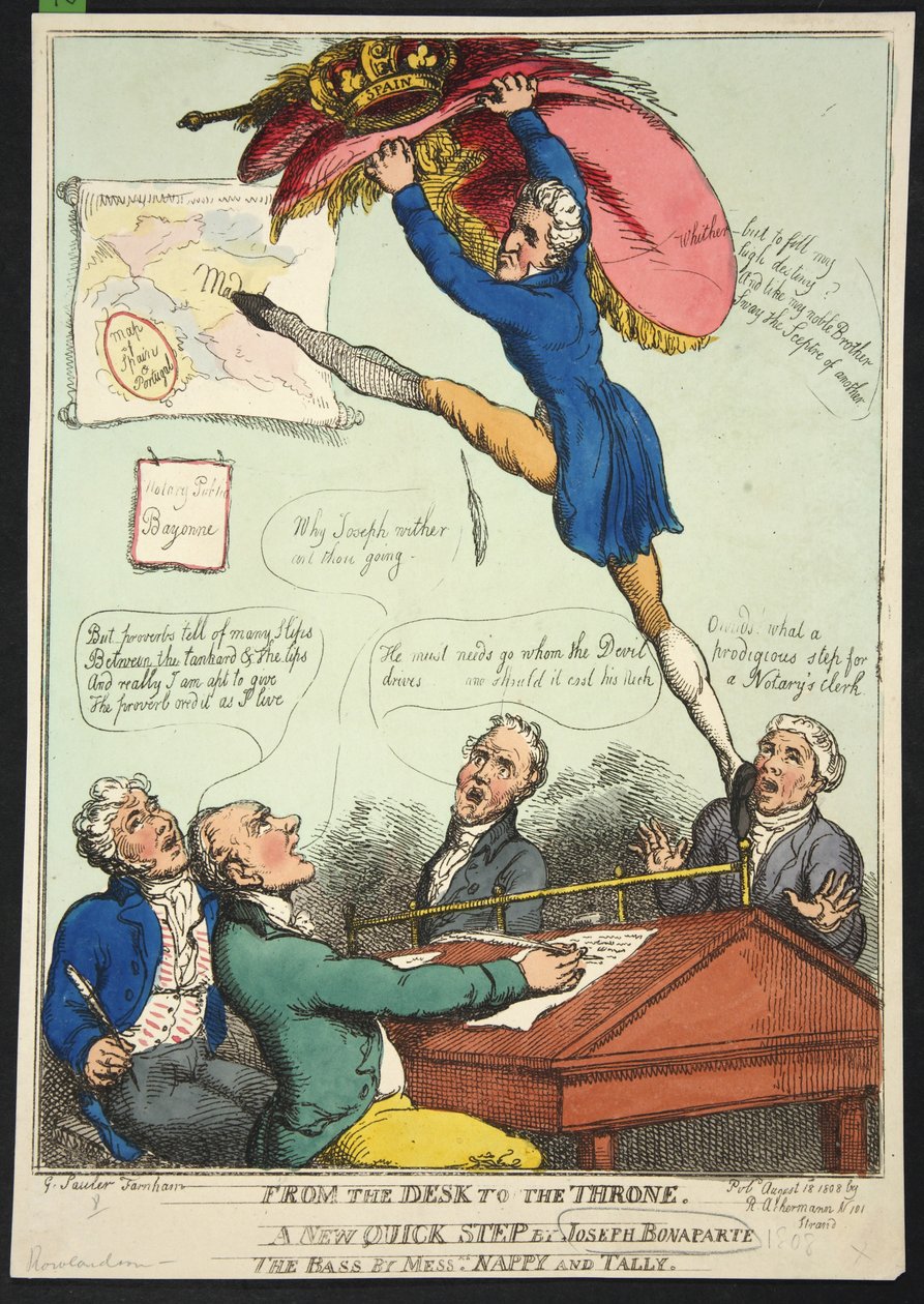 Od biurka do tronu. Nowy szybki krok Josepha Bonaparte. Bass panów Nappy i Talley, wyd. 1808 (grawerowanie ręcznie kolorowane) autorstwa Thomas Rowlandson
