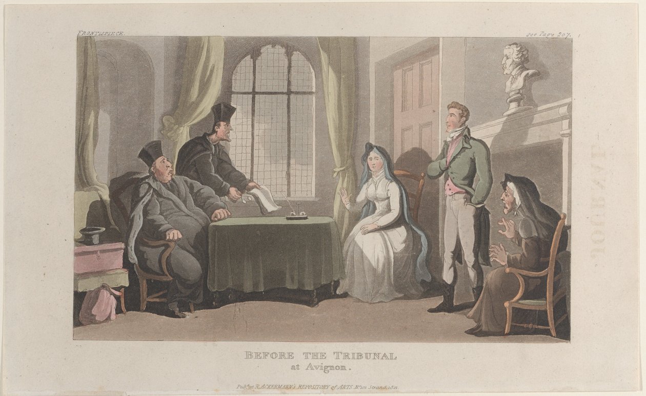 Frontyspis: Przed trybunałem w Awinionie, z Journal of Sentimental Travels in the ..., 1821. autorstwa Thomas Rowlandson