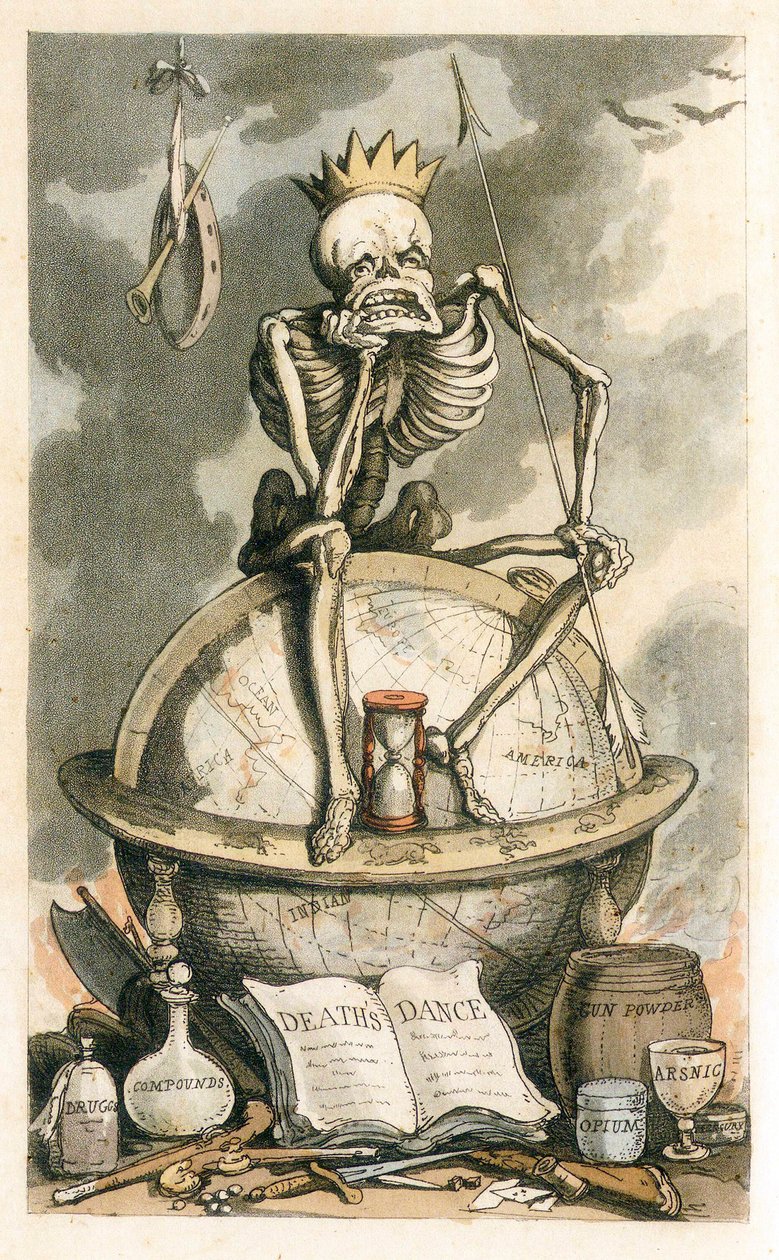 Frontyspis z angielskiego tańca śmierci, wyd. 1815 rycina kolorowa, 1815. autorstwa Thomas Rowlandson