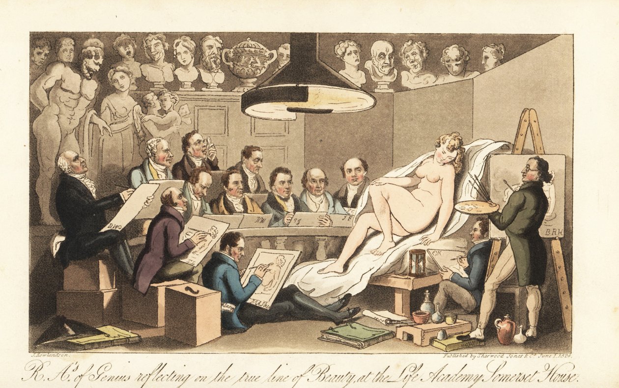 Gruzińscy artyści, w tym Benjamin West, Thomas Lawrence, Benjamin Haydon, Joseph Farrington, Richard Westall i Martin Archer Shee, rysują nagą modelkę, podczas gdy klasyczne popiersia spoglądają w dół. Królewscy Akademicy Geniuszu zastanawiający się nad pr autorstwa Thomas Rowlandson