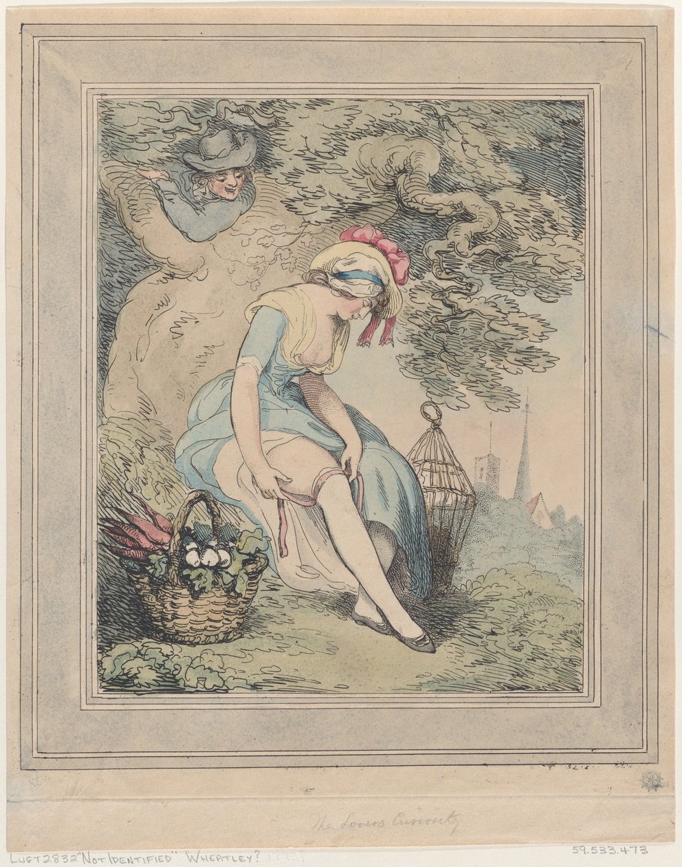 Dziewczyna z koszem i klatką dla ptaków poprawiająca podwiązkę, 1785-95., 1785-95. autorstwa Thomas Rowlandson