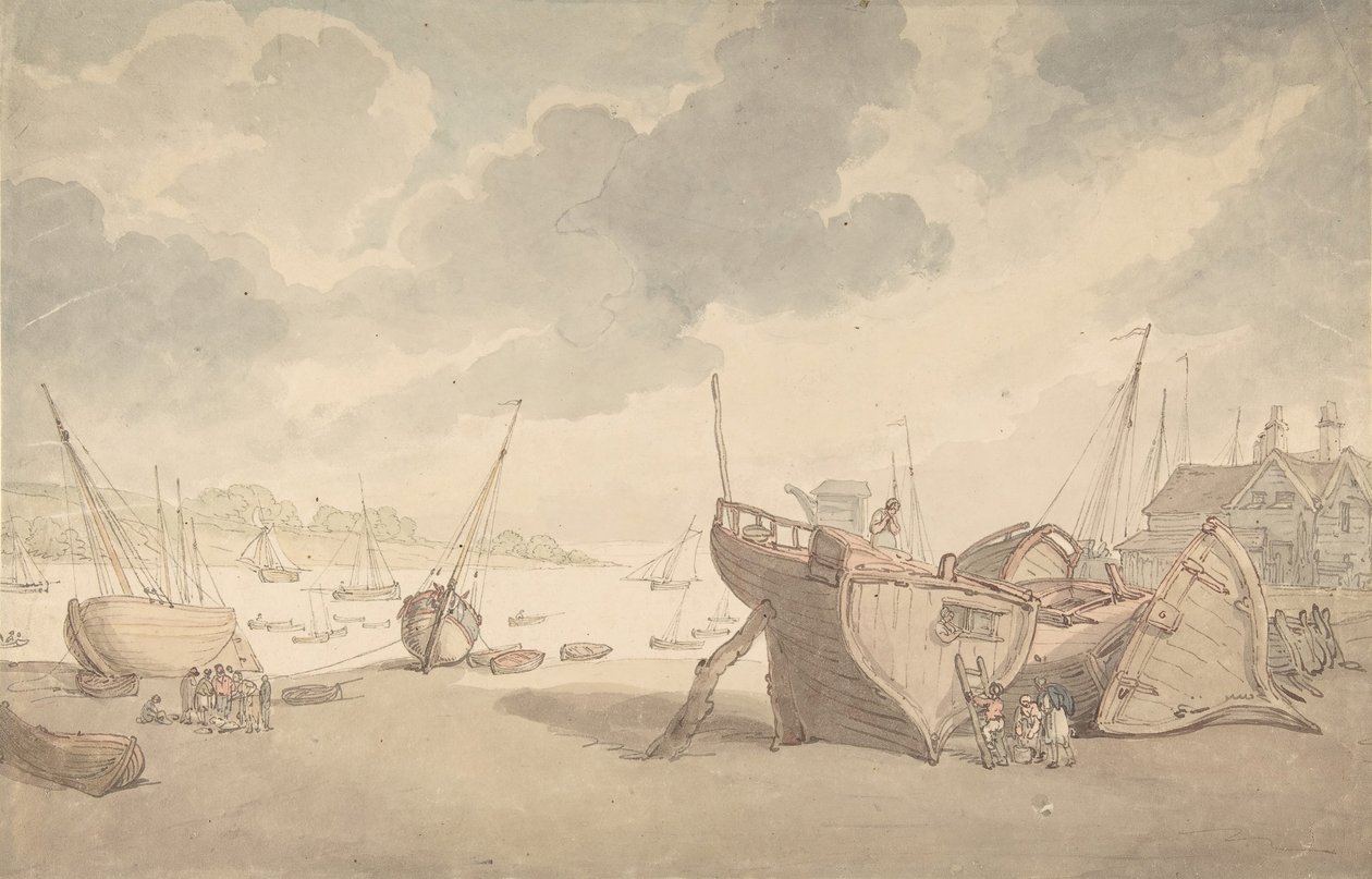 Scena portowa z odpływem i łodziami wyrzuconymi na brzeg, 1775-1827. autorstwa Thomas Rowlandson