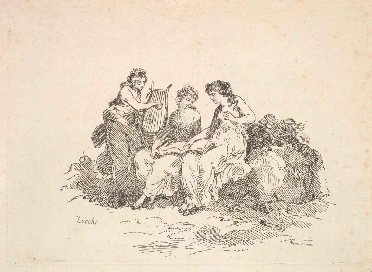 Harmonia - dwie śpiewające nimfy, inna grająca na lirze, 1784-88. autorstwa Thomas Rowlandson