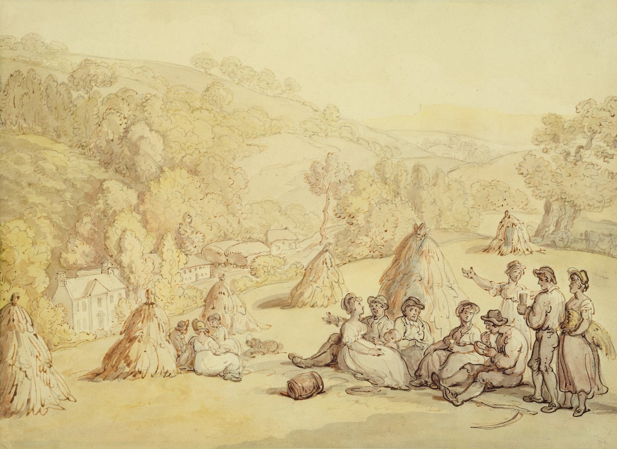 Kombajny odpoczywające na polu kukurydzy, ok. 1805-10 (pióro i atrament z praniem na papierze) autorstwa Thomas Rowlandson