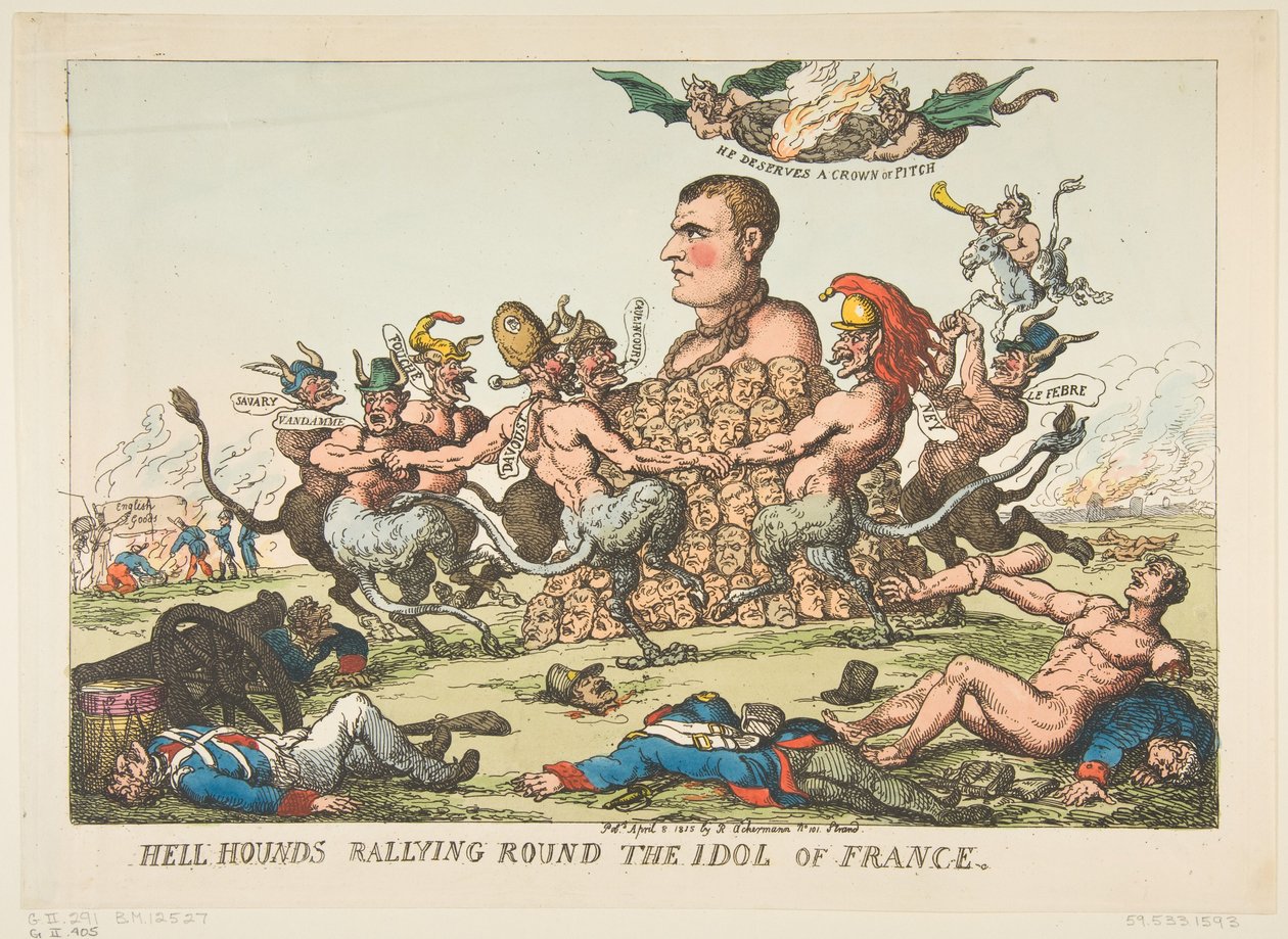 Piekielne ogary zbierające się wokół bożka Francji, 8 kwietnia 1815 r. autorstwa Thomas Rowlandson