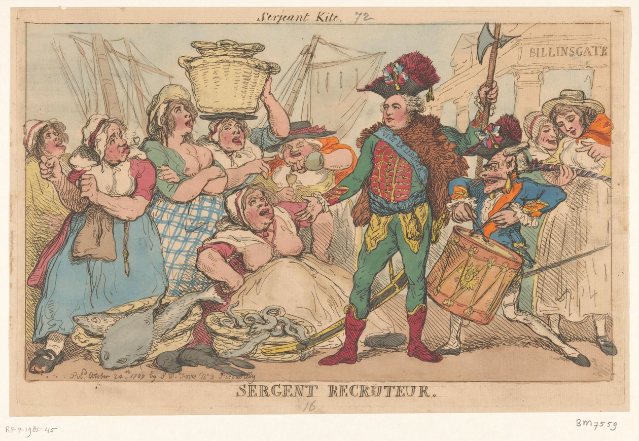 Książę Orleanu wśród kobiet-ryb, 1789 Sergent Recruiter (tytuł na obiekcie) autorstwa Thomas Rowlandson