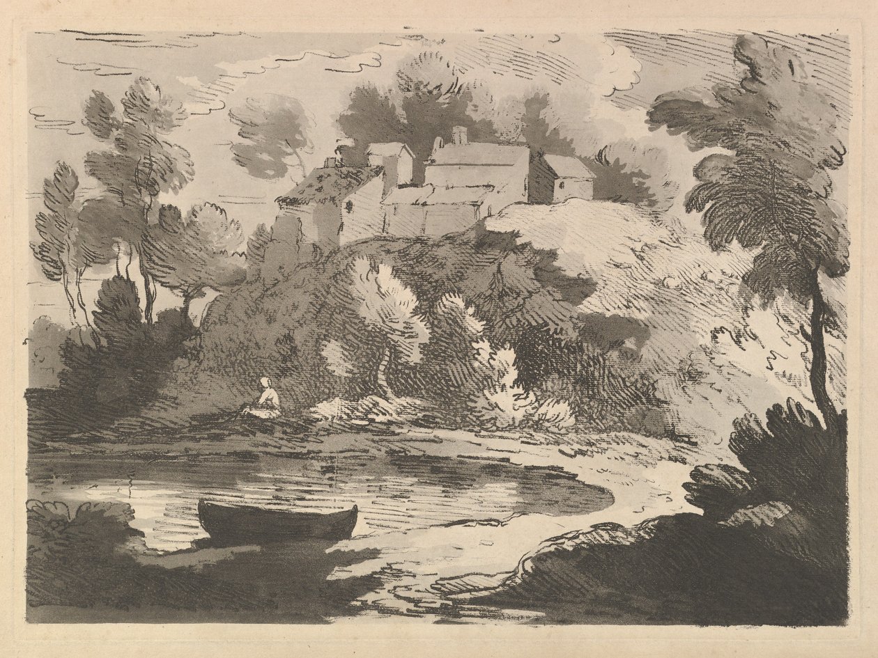 Krajobraz pagórkowatej rzeki, łódź w wodzie na pierwszym planie po lewej stronie, figura na dalekim brzegu..., 1783-84. autorstwa Thomas Rowlandson