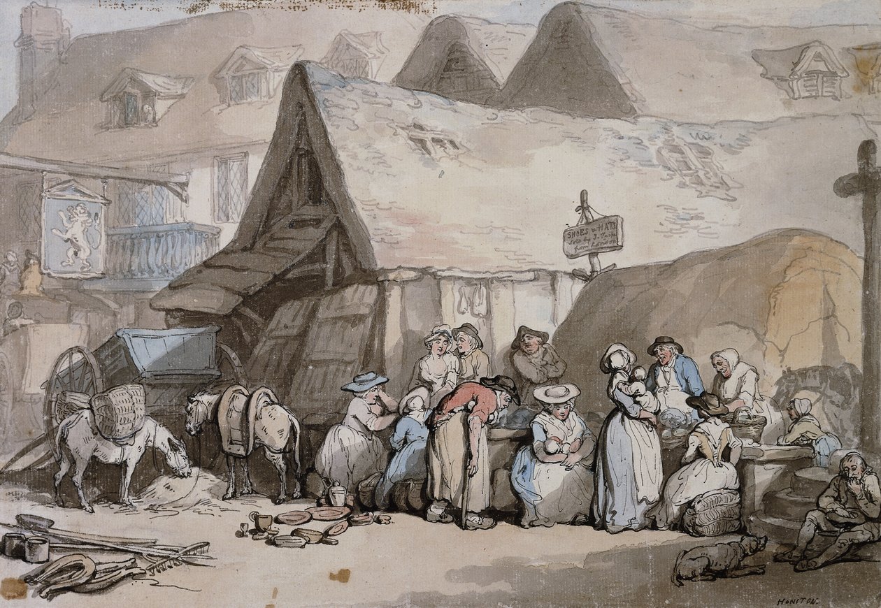 Honiton, Devon: buty i kapelusze na sprzedaż poza The Lion Inn, autorstwa Thomas Rowlandson